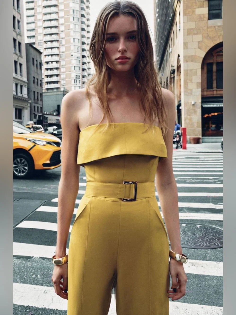 ZARA Strapless Linen-blend Wide Leg Belted Jumpsuit Mustard Olive NWT M